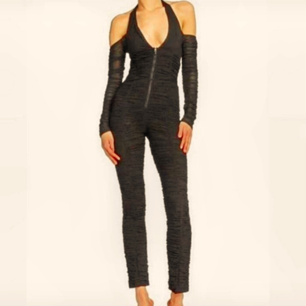 I.AM.GIA ruched mesh black catsuit.